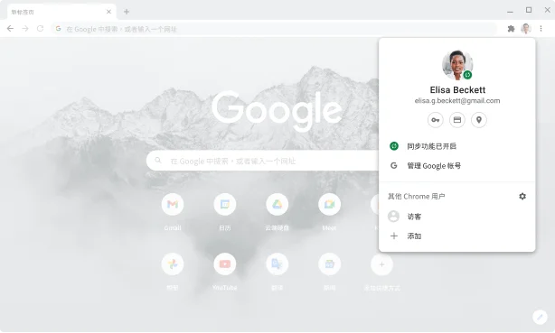 显示 Google 帐号的帐号与同步设置（已启用同步）的 Chrome 浏览器窗口。